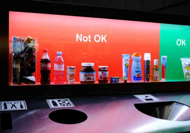 An airport displaying 'Not OK' items to go through security. This includes water bottles, Nutella and pocket knives.