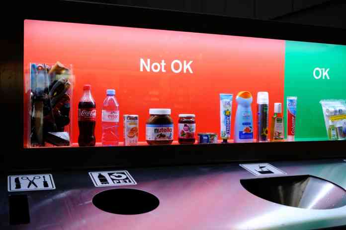 An airport displaying 'Not OK' items to go through security. This includes water bottles, Nutella and pocket knives.