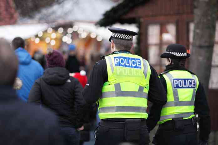 Two police officers in a busy crowd with their backs to the camera.