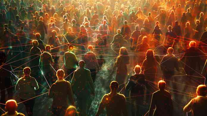 Busy crowd with representations of interconnectedness Busy crowd with representations of interconnectedness