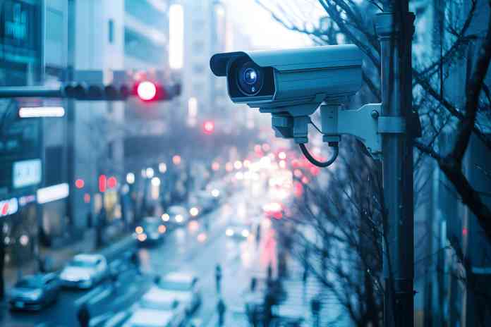 Security camera overlooking busy city. Security camera overlooking busy city.